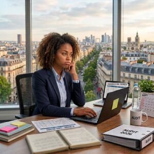 Jeune auditrice pensive devant son ordinateur en train de faire ses temps en audit